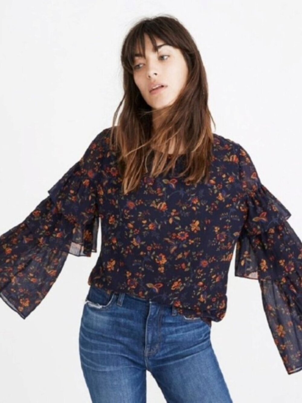 MADEWELL Ruffle Sleeve Floral Print Blouse Navy Size XS